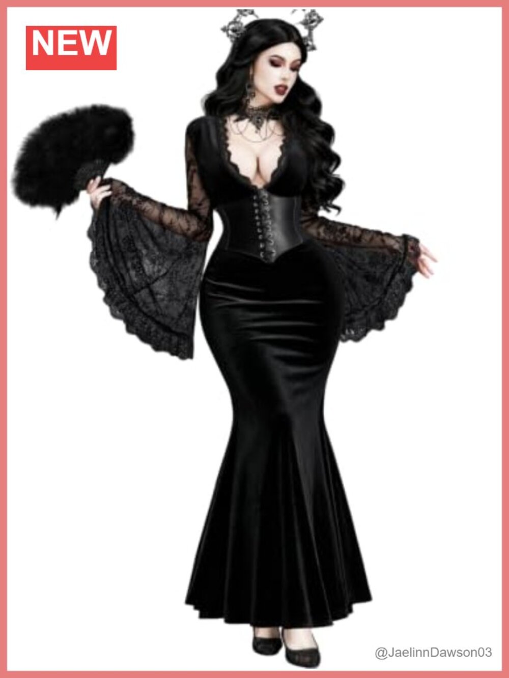 Gothic Velvet Mermaid Dress with Lace Bell Sleeves